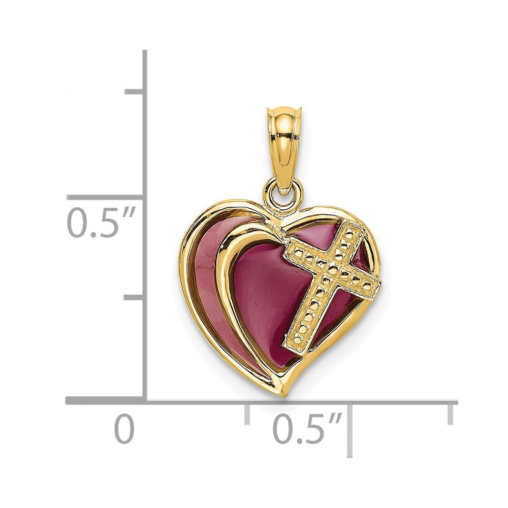 14k Yellow Gold W/ Purple Enamel Cross Heart Charm