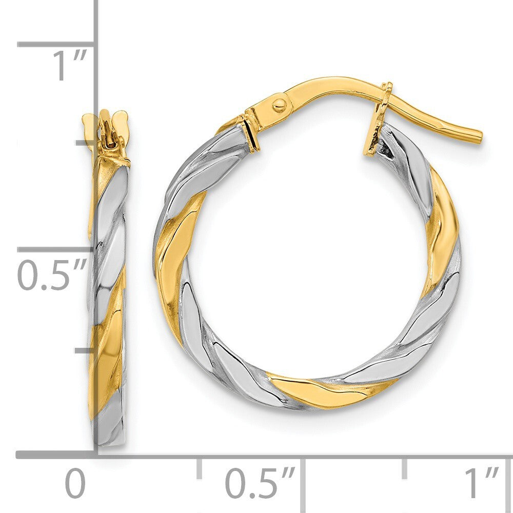 14k Yellow Gold & White Rhodium Polished & Twist Hoop Earrings Gift for Women
