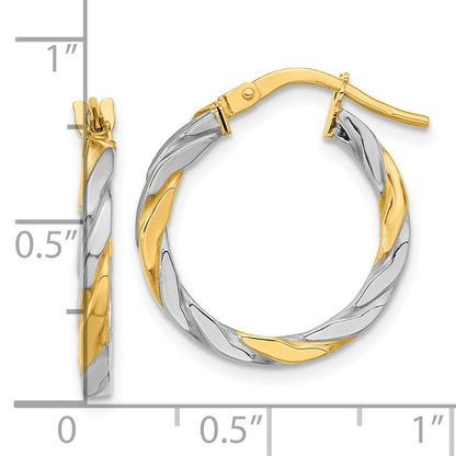 14k Yellow Gold & White Rhodium Polished & Twist Hoop Earrings Gift for Women