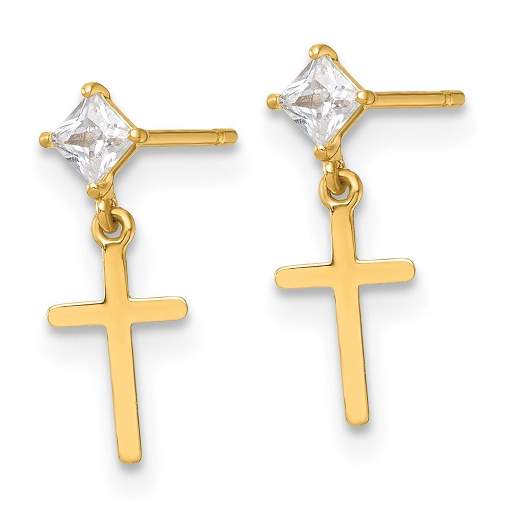 14k Yellow Gold Polished Cubic Zirconia Cross Dangle Earrings Gift for Women