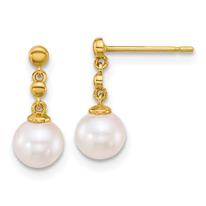 14k Yellow Gold Polished 6-7mm Round Freshwater Cultured Pearl Dangle Earrings