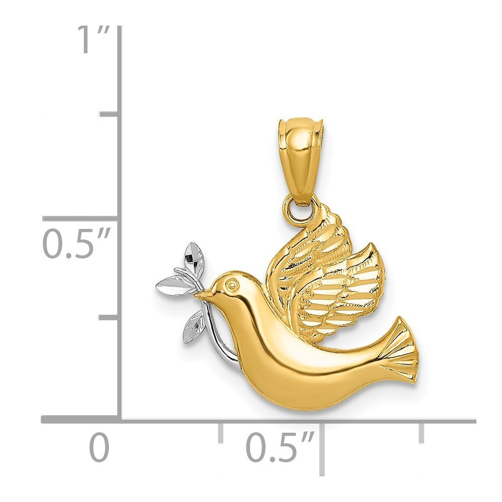 14k Yellow Gold Rhodium Polished Dove Olive Branch Pendant for Women