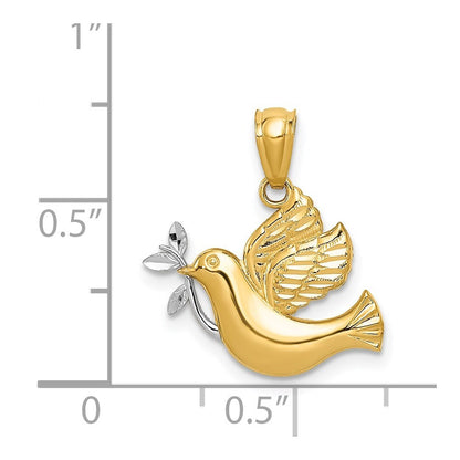 14k Yellow Gold Rhodium Polished Dove Olive Branch Pendant for Women