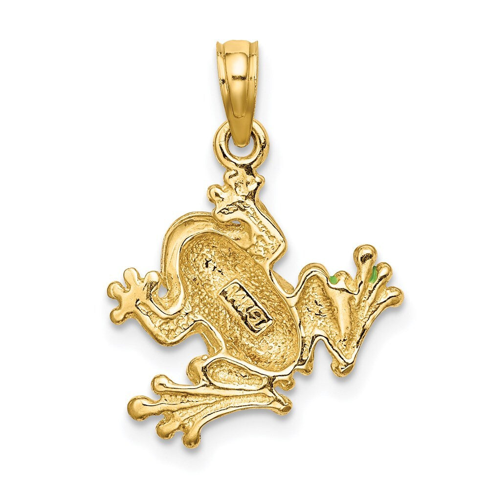 14k Yellow Gold Green Enameled 2-D Small Frog Charm Pendant for Women