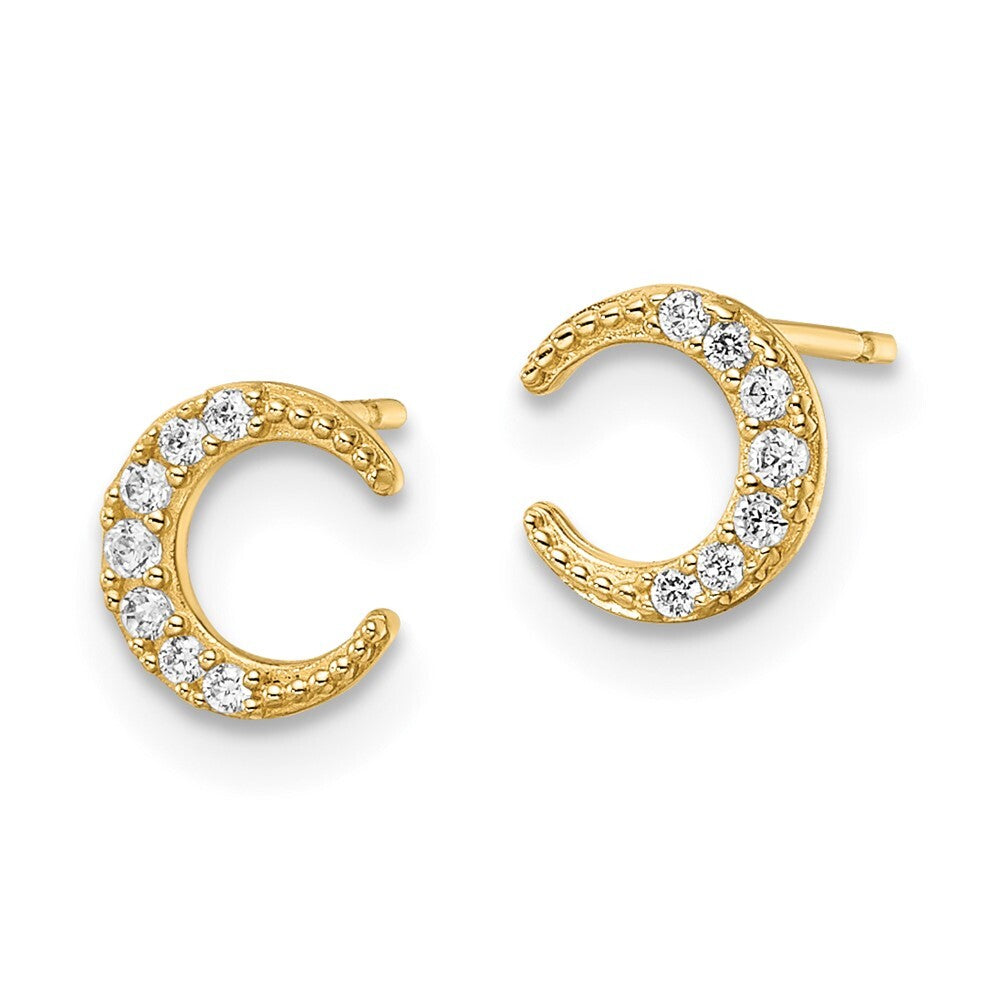 14k Yellow Gold Cubic Zirconia Moon Stud Earrings Gift for Women