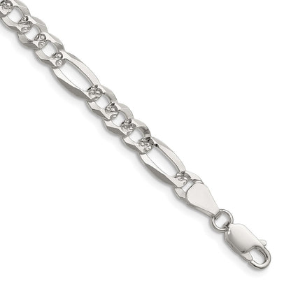 Sterling Silver 6.1mm Flat Diamond-Cut Pave Figaro Chain Necklace