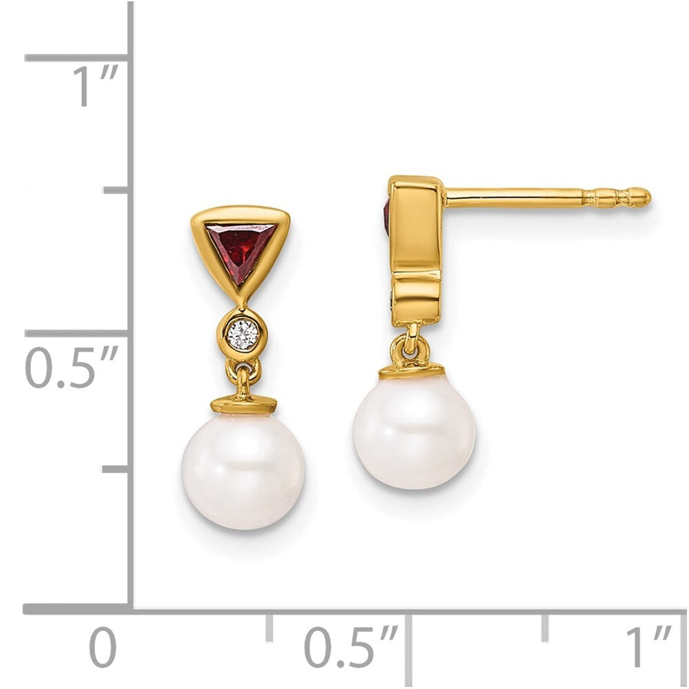 14k Yellow Gold Polished Diamond and Ruby Pearl Dangle Earrings