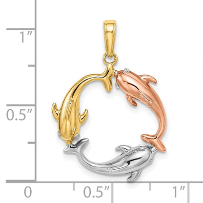 14k Tri-Color Gold Tri-color Triple Dolphin Circle Pendant for Women