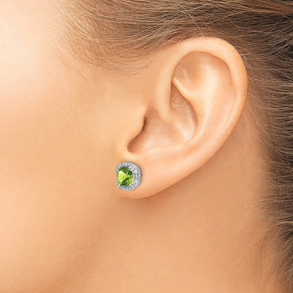 14k White Gold Cushion Peridot and Diamond Halo Stud Earrings