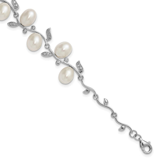 Sterling Silver 6-8mm Teardrop Cultured Pearl and CZ Leaf Bracelet 7" w/ 1" Ext