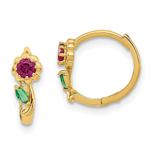 14k Yellow Gold Red & Green Cubic Zirconia Hinged Hoop Earrings Gift for Women