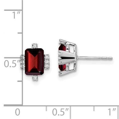 14k White Gold Emerald-shape Garnet and Diamond Stud Earrings