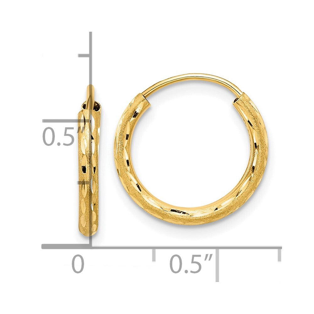 14k Yellow Gold Polished and Satin Diamond-Cut 2.00mm Endless Hoop Earrings