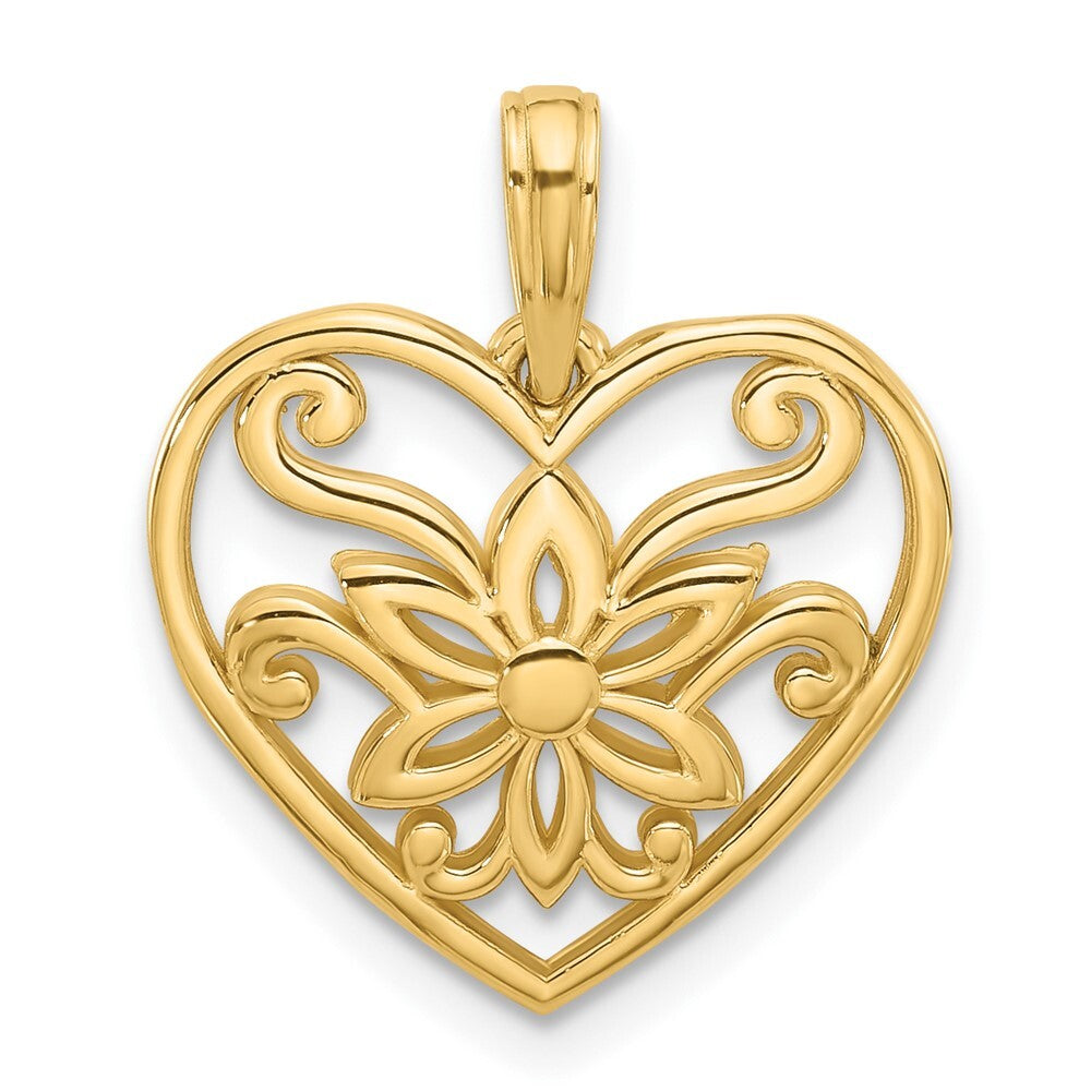 14k Yellow Gold Polished Fancy Flower and Heart Charm Pendant for Women