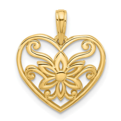 14k Yellow Gold Polished Fancy Flower and Heart Charm Pendant for Women