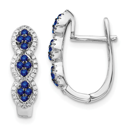 14k White Gold Diamond and Blue Sapphire Hinged Hoop Earrings