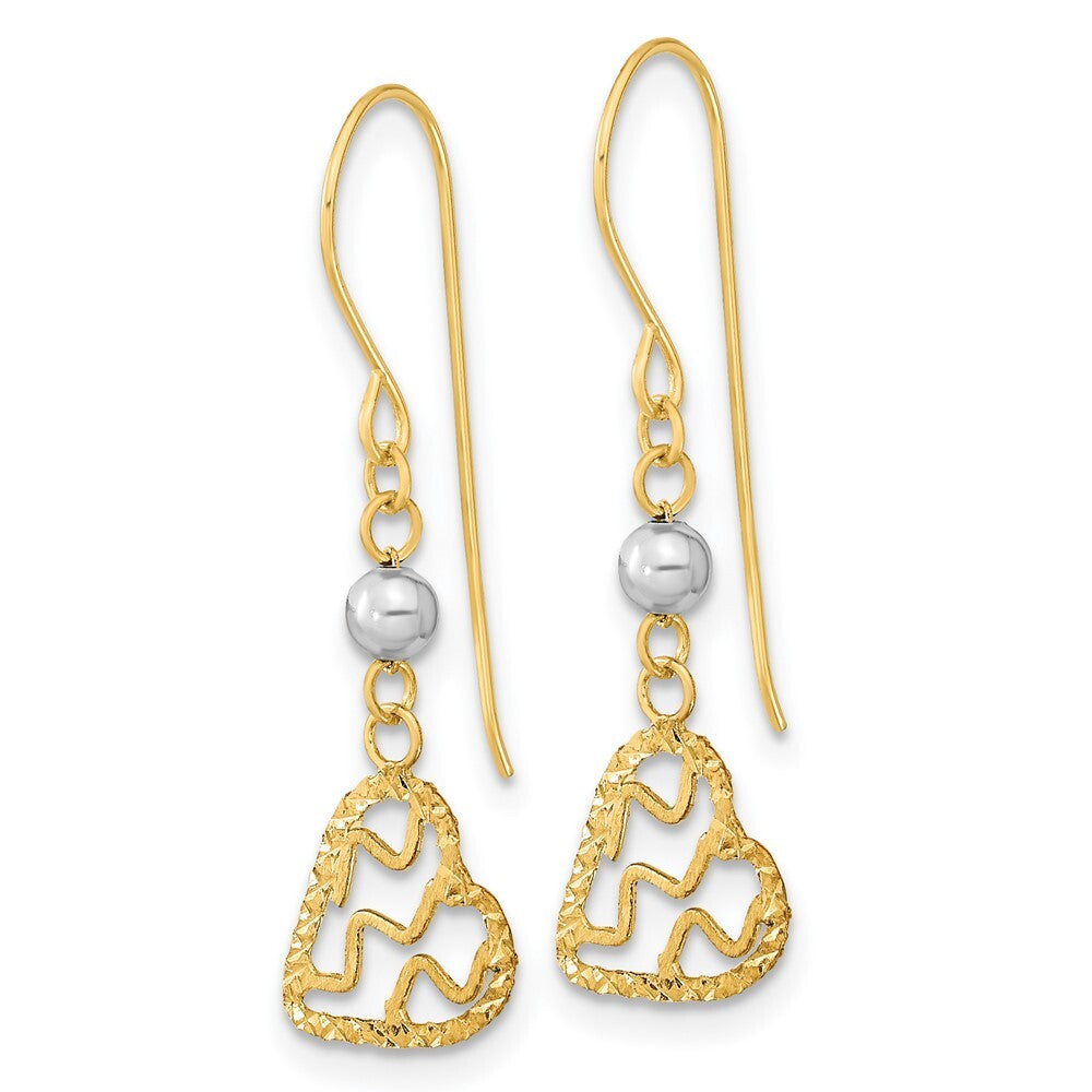 14k Two-tone Gold Satin Diamond-Cut Heart Dangle Shepherd Hook Earrings