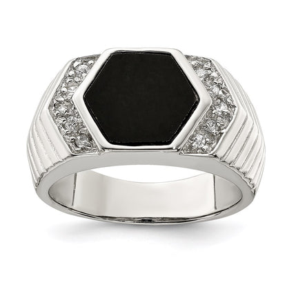 Sterling Silver Rhodium-plated Men's Cubic Zirconia and Onyx Ring Size 10