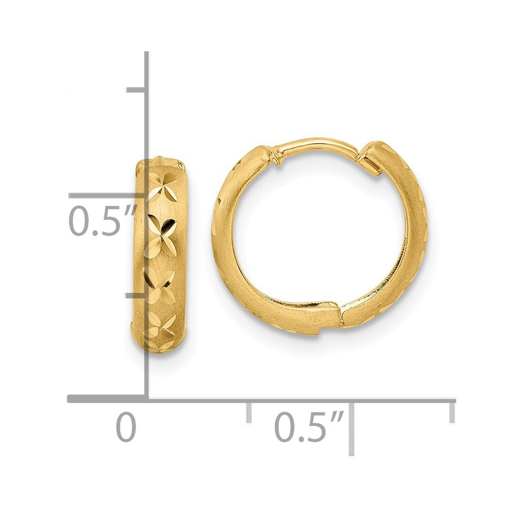 14k Yellow Gold Diamond-cut X Satin 3x13mm Hinged Hoop Earrings Gift for Women