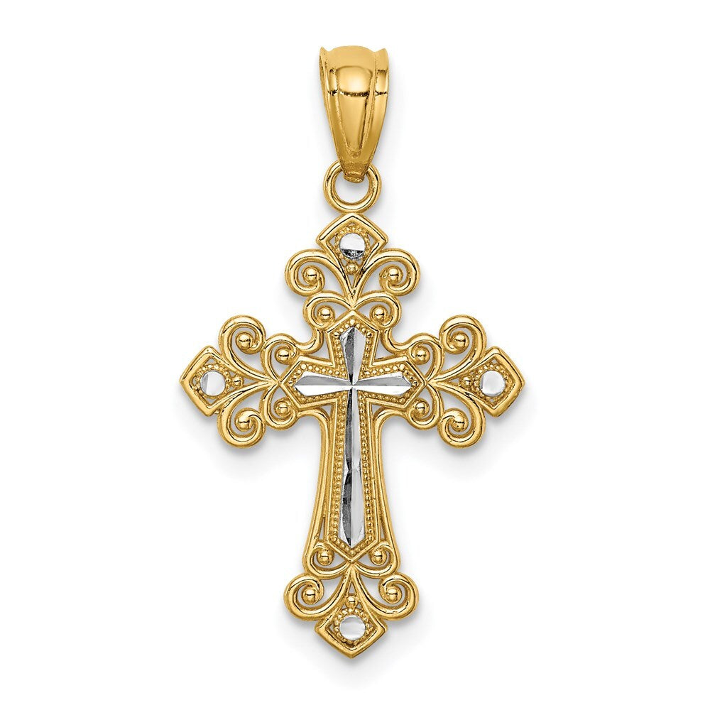 14k Yellow Gold White Rhodium Diamond-Cut Cross Pendant for Women
