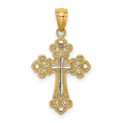 14k Yellow Gold White Rhodium Diamond-Cut Cross Pendant for Women