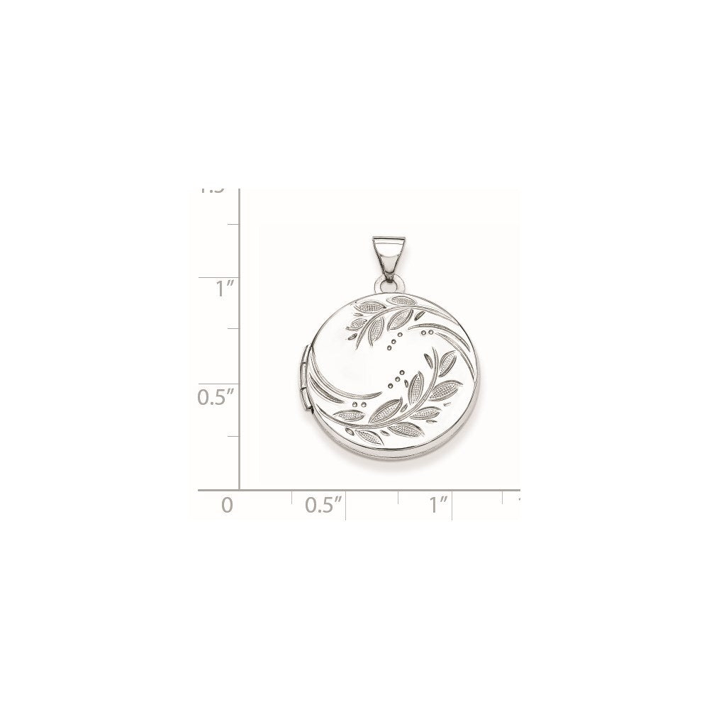 Sterling Silver Rhodium-plated 20mm Round Leaf Floral Locket