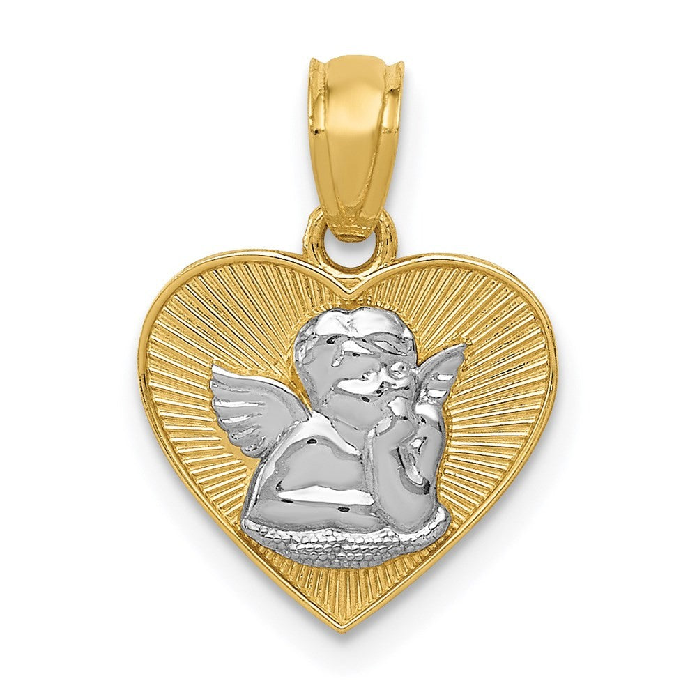 14k Yellow Gold w/Rhodium Polished Guardian Angel in Heart Pendant