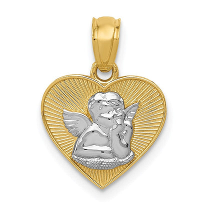 14k Yellow Gold w/Rhodium Polished Guardian Angel in Heart Pendant