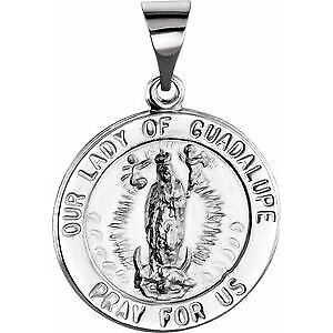 14k White Gold 18 mm Round Hollow Our Lady of Guadalupe Medal Pendant for Women