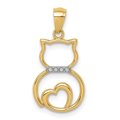 14k Yellow Gold White Rhodium Diamond-cut Sitting Cat Pendant for Women