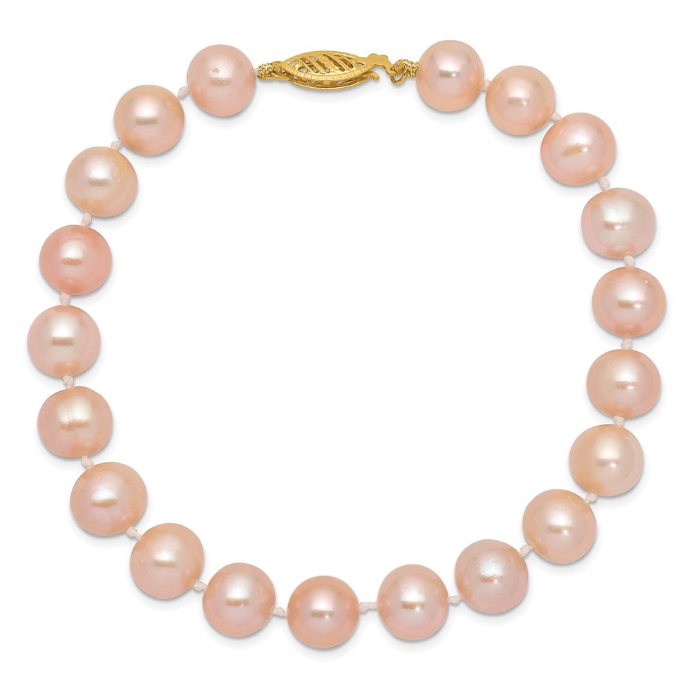 14k Yellow Gold 8-9mm Pink Near-Round Freshwater Cultured Pearl 7.5" Bracelet
