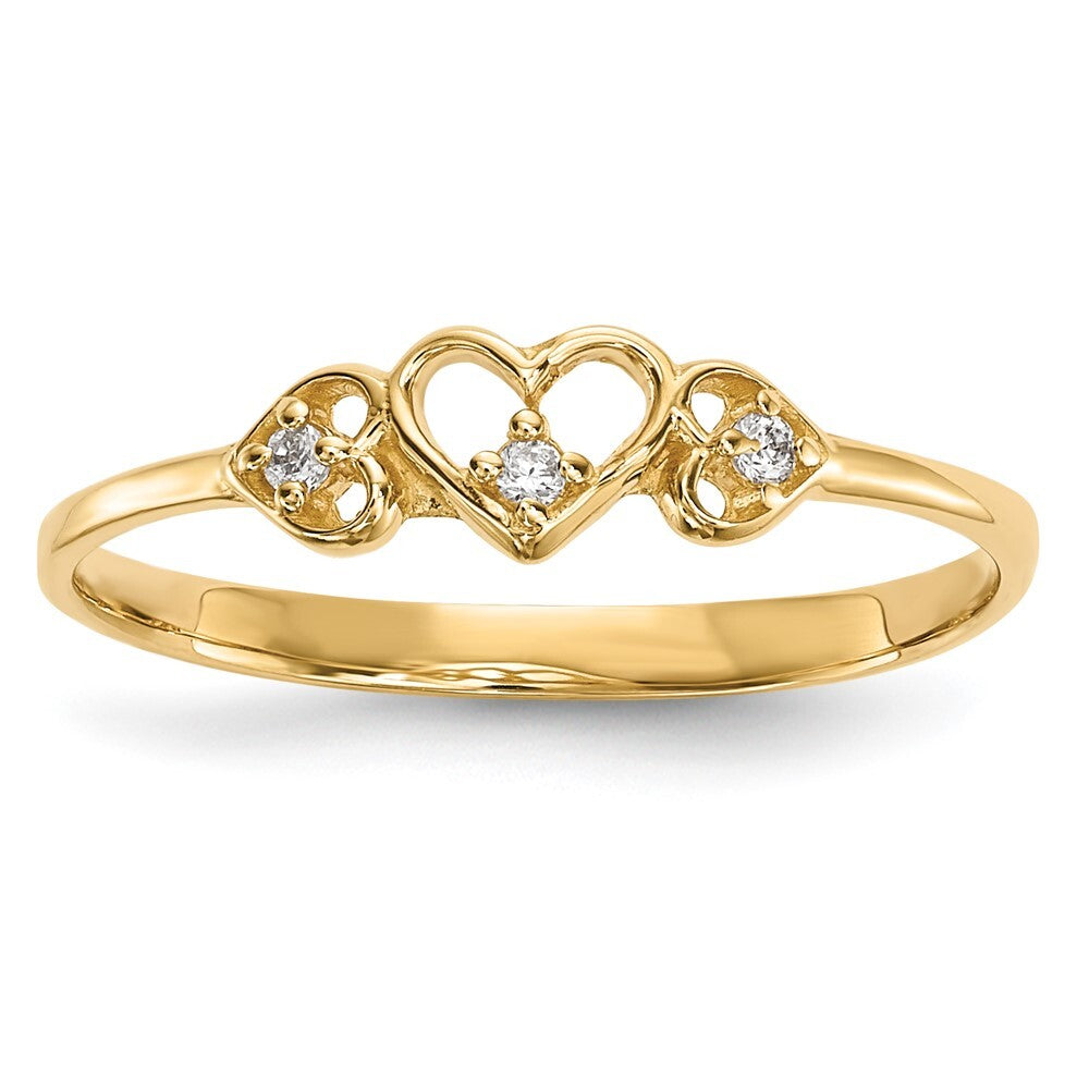 14K Yellow Gold CZ 3-Hearts Ring Size 7