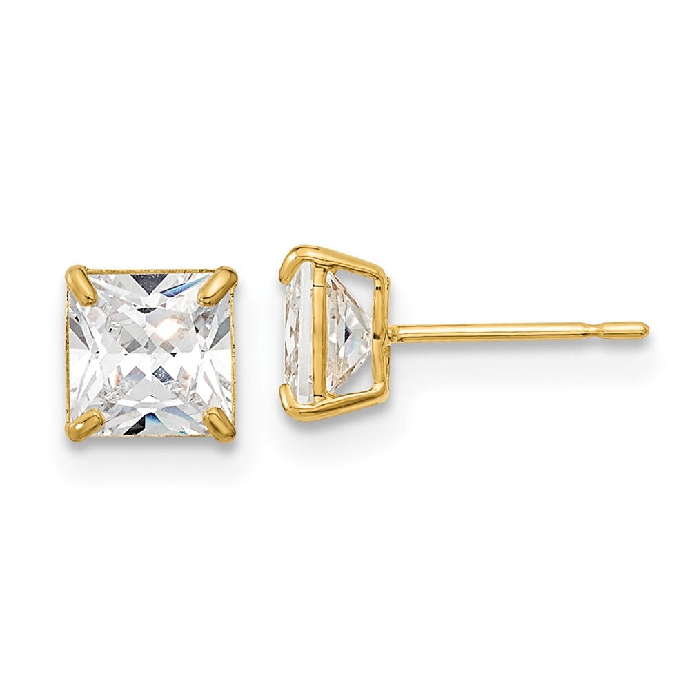 14k Yellow Gold 5mm Square Cubic Zirconia Basket Set Stud Earrings