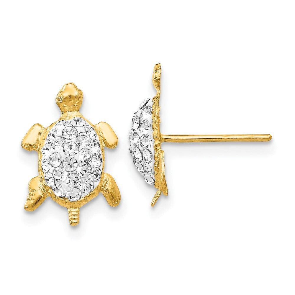 14k Yellow Gold Crystal White Turtle Stud Earrings