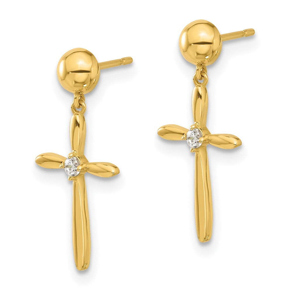 14k Yellow Gold Polished Cubic Zirconia Cross Dangle Earrings Gift for Women