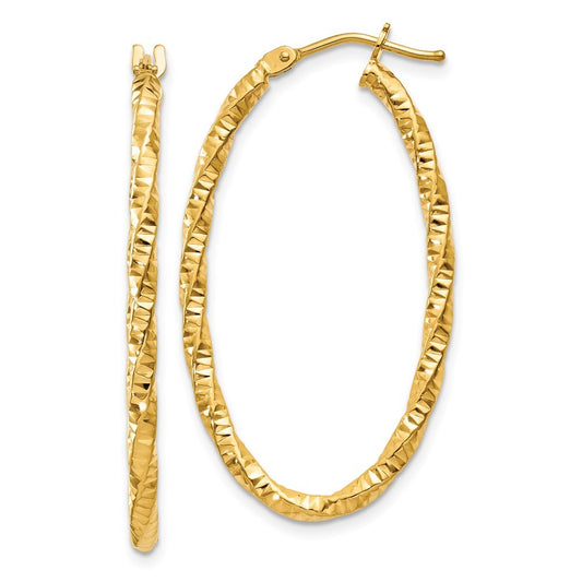 14k Yellow Gold 2mm Diamond-cut Oval Hoop Earrings