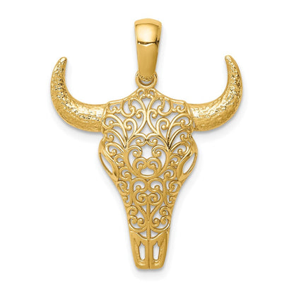 14k Yellow Gold Filigree Steer Skull Pendant for Women