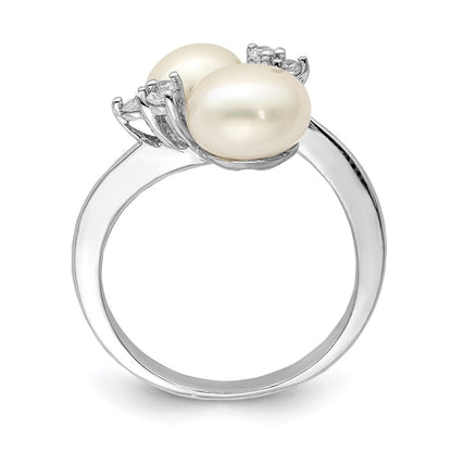 Sterling Silver 8-9mm White Button Freshwater Cultured Pearl and CZ Ring