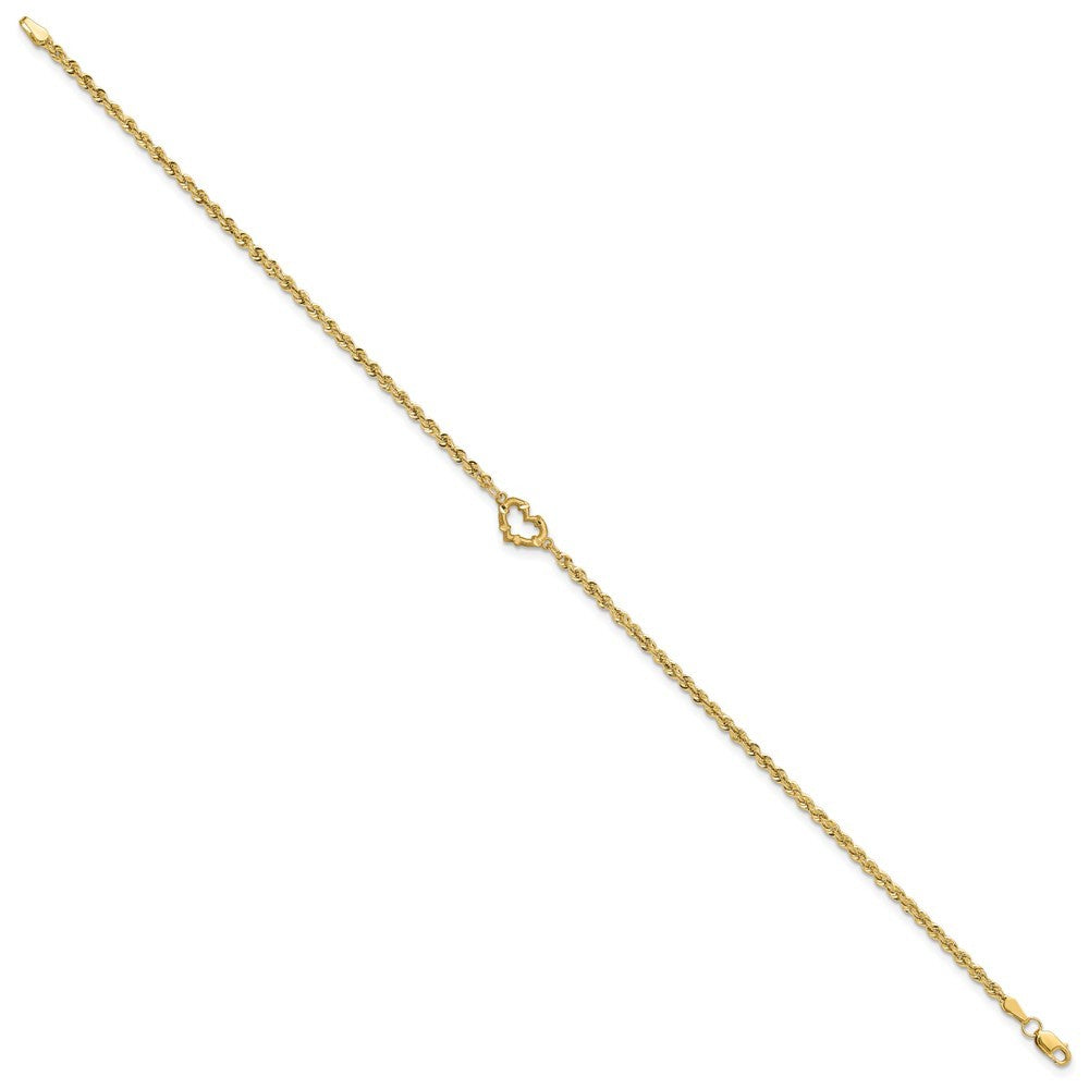 14k Yellow Gold Diamond-cut Open Heart and Rope Chain 9 inch Anklet