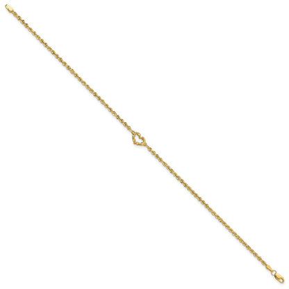 14k Yellow Gold Diamond-cut Open Heart and Rope Chain 9 inch Anklet