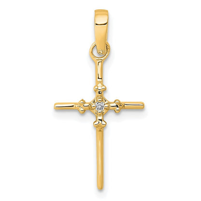 14k Yellow Gold .01ct. Diamond Polished Budded Cross Pendant for Women