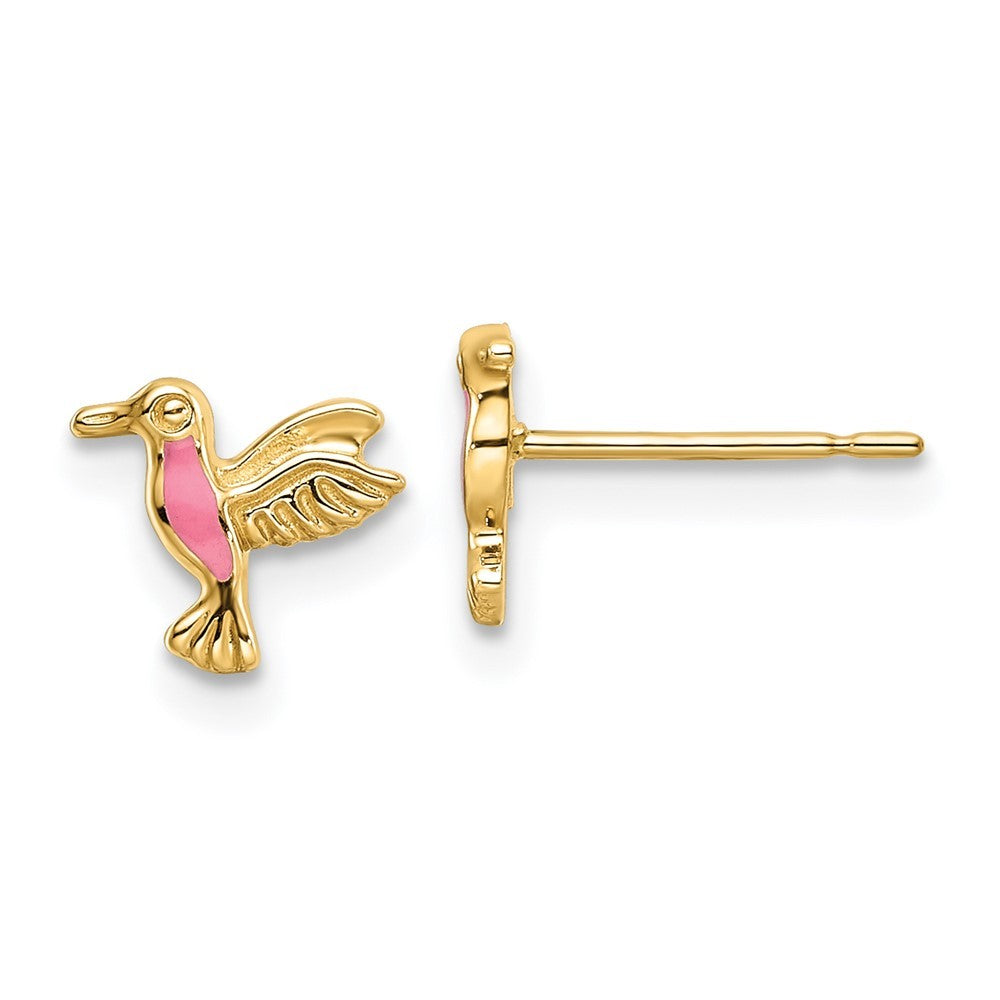 14k Yellow Gold Pink Enamel Hummingbird Earrings