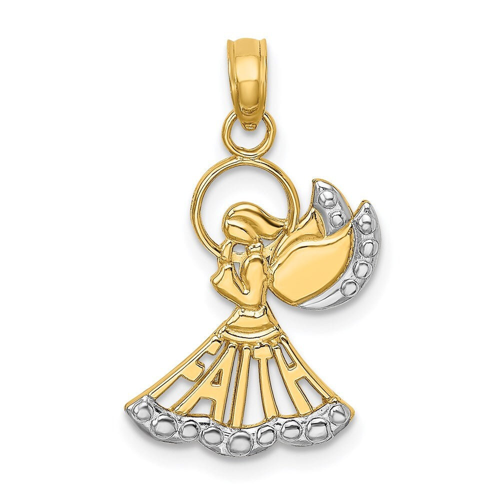14k Yellow Gold Rhodium Polished and Textured Angel  Faith Charm Pendant