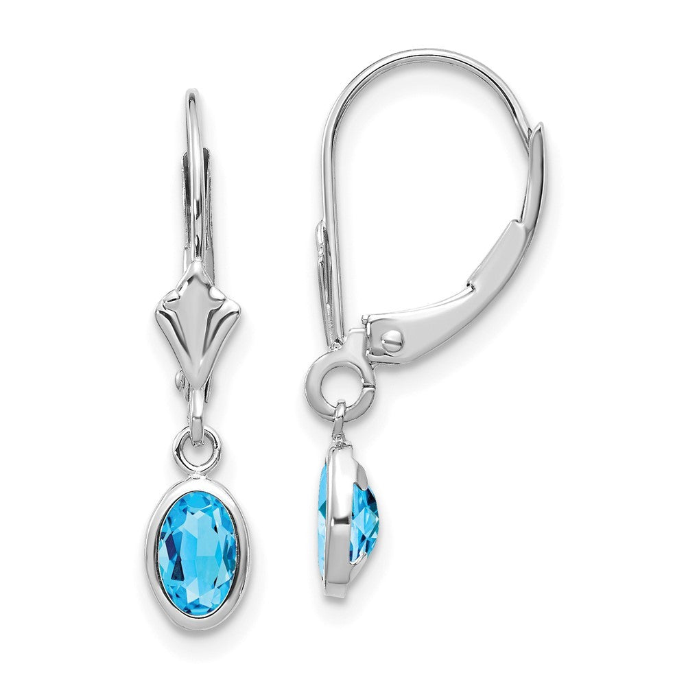 14k White Gold 6x4 Oval Bezel Blue Topaz Drop Dangle Earrings