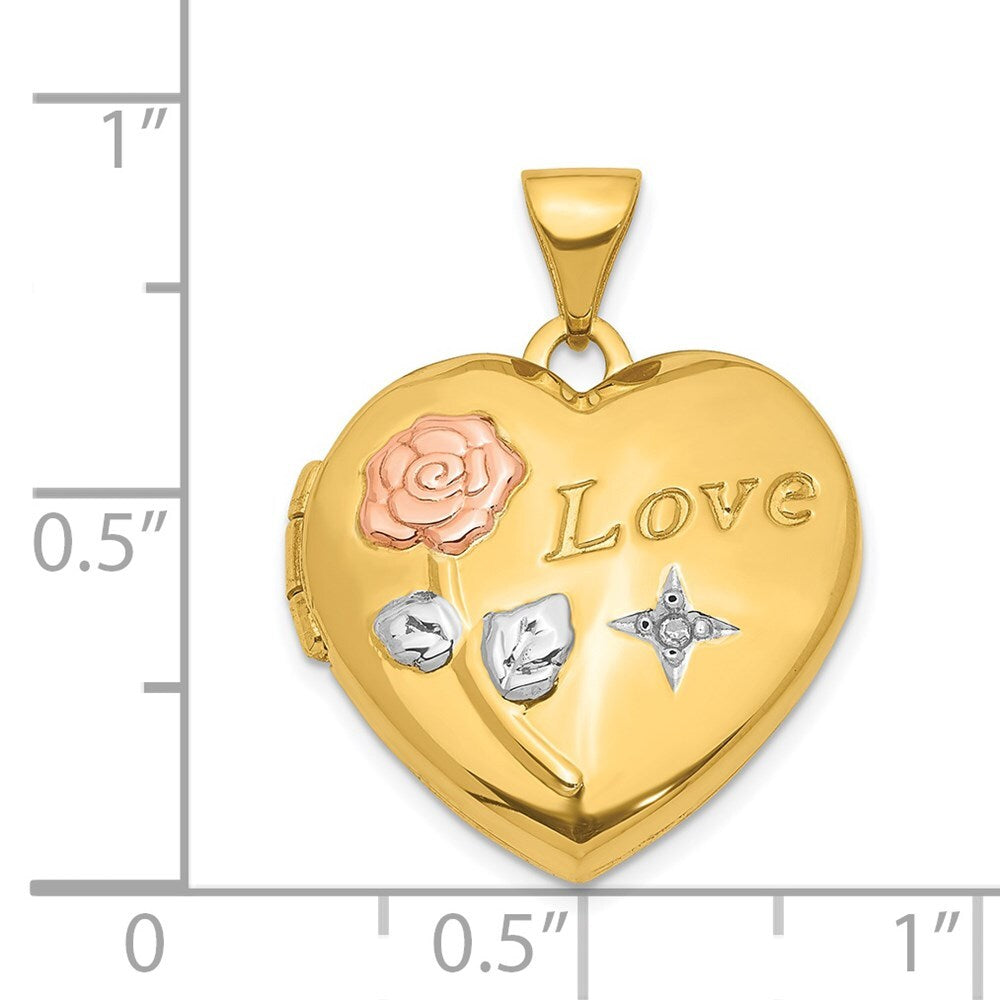 14k Yellow Gold White & Rose Rhodium Love Rose Diamond Heart Locket Pendant