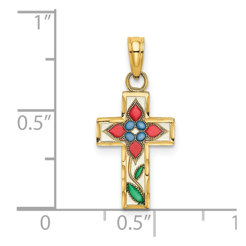 14k Yellow Gold Enameled W/ Flower Cross Charm