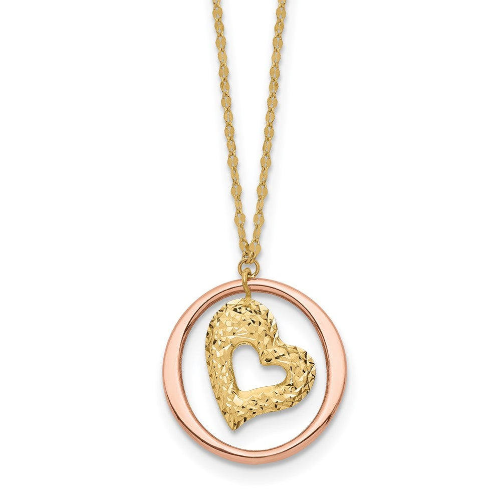 14K Two Tone Fancy Link Diamond-Cut Heart in Open Circle Necklace