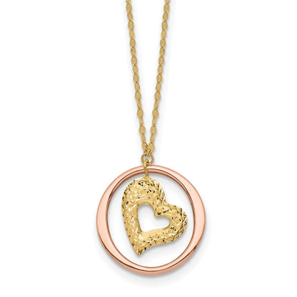 14K Two Tone Fancy Link Diamond-Cut Heart in Open Circle Necklace