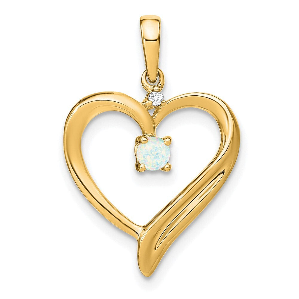 14k Yellow Gold Created Opal and Diamond Heart Pendant for Women