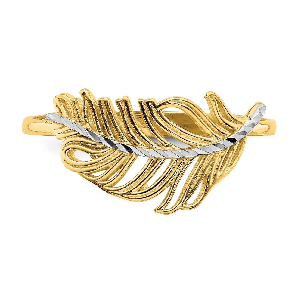 14K Yellow Gold with White Rhodium Feather Ring